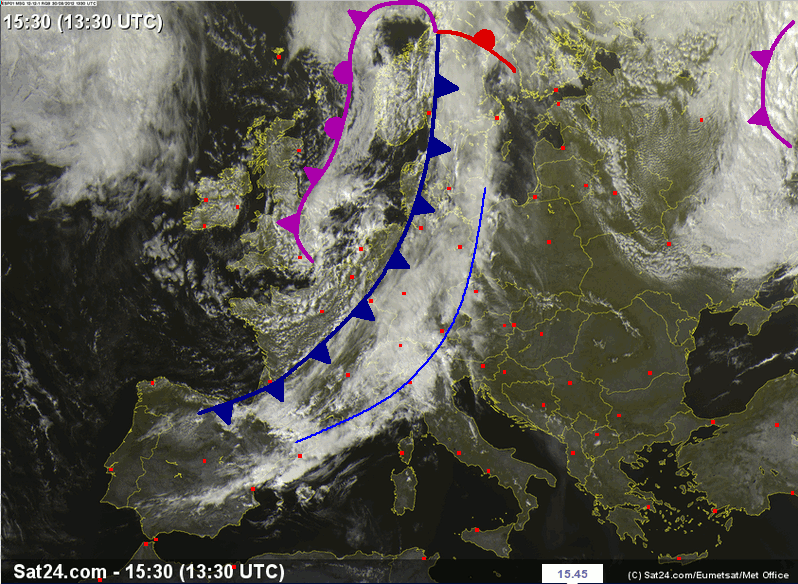 Figura 1 - Analisi satellitare sull'Europa rielaborata delle ore 13.30 UTC del 30-08-2012. Fonte www.sat24.com